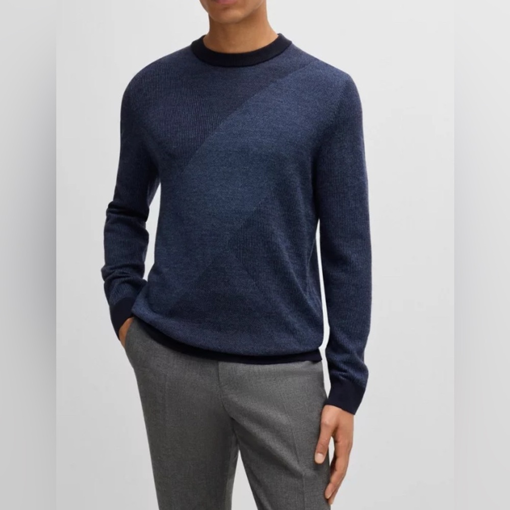 Hugo Boss Men’s Virgin Wool Navy Blue Crewneck Sweater Luxury Knit Pullover Fall
